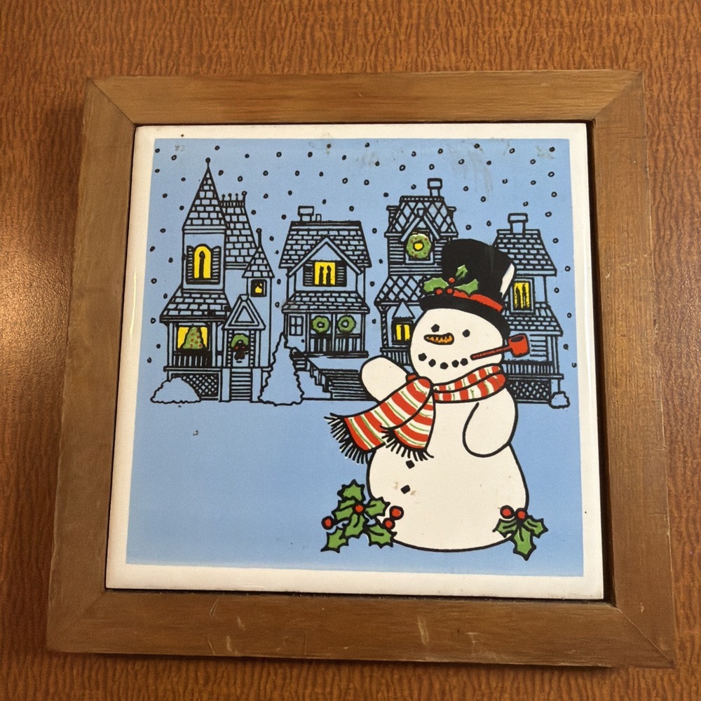 Vintage Jasco Christmas Trivet Wood Framed Ceramic Tile Holly Snowman